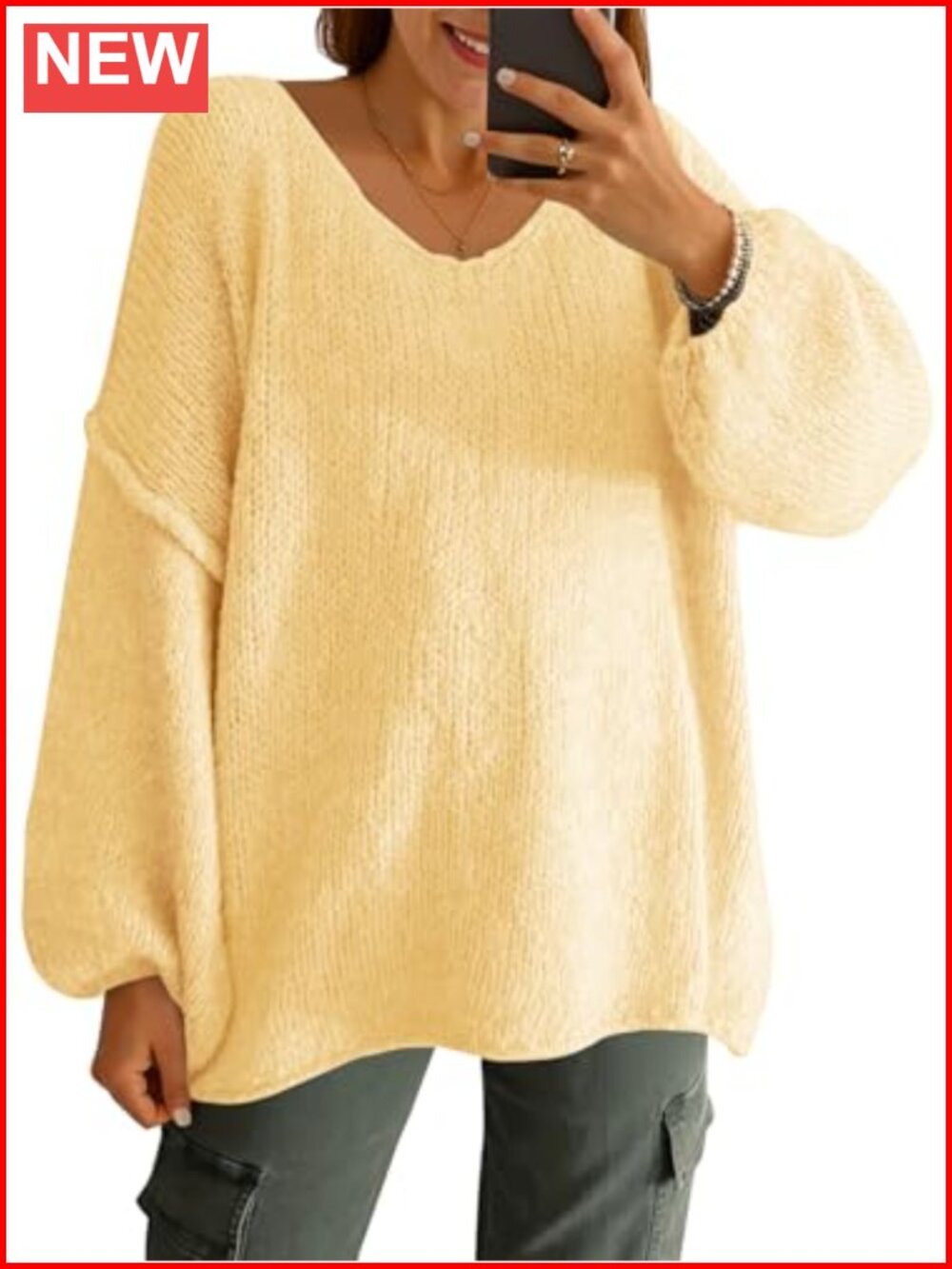 Oversized V Neck Lantern Sleeve Chunky Knit Sweater Pullover